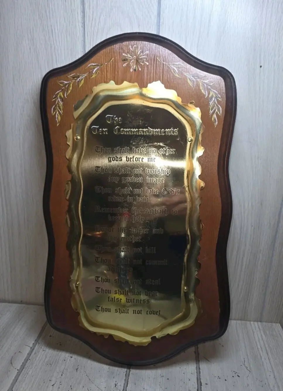 Vintage The Ten Commandments Brass Wood Christian Wall Plaque 18
